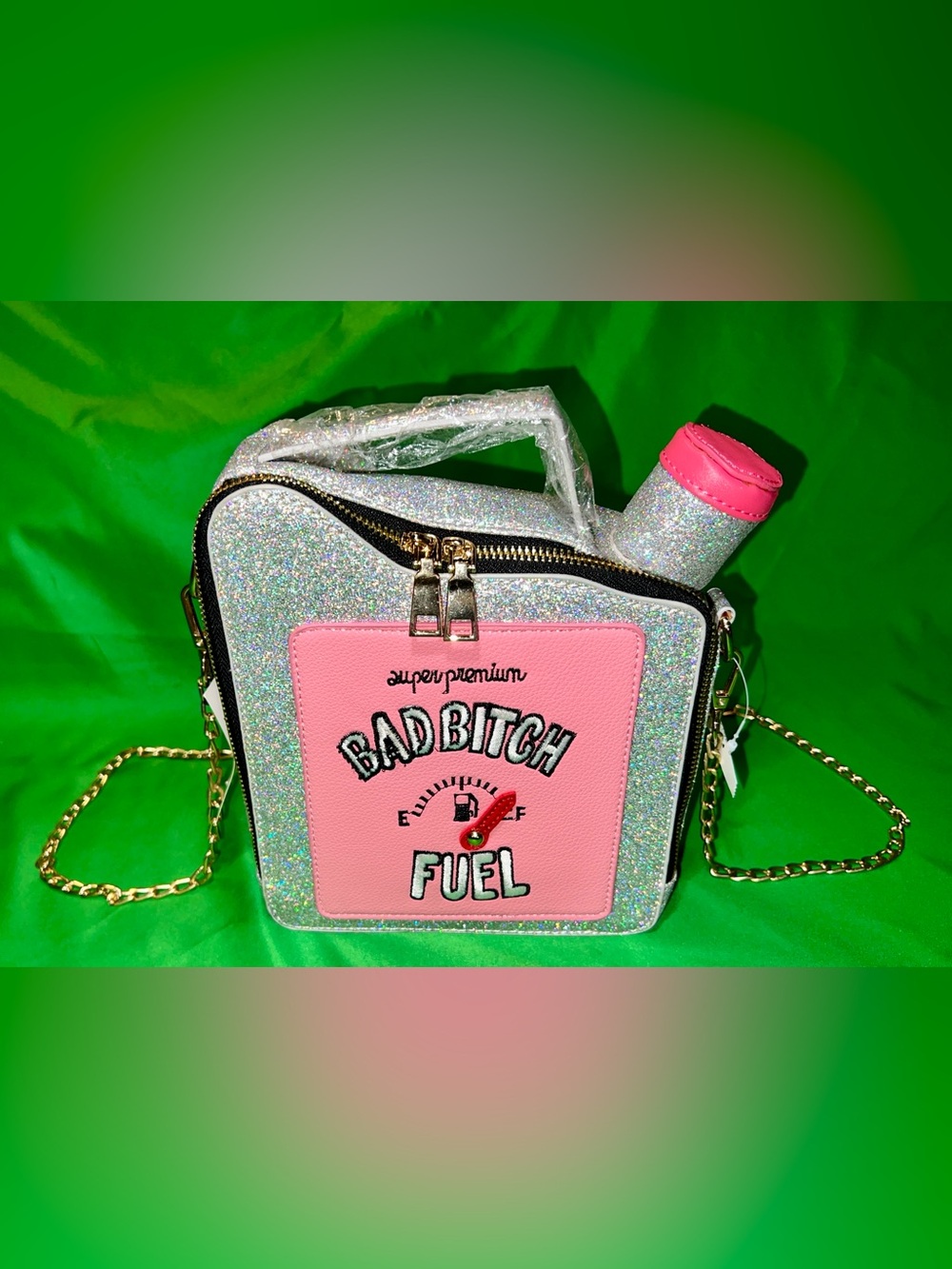 Pink & Silver Glitter 'Bad B*tch Fuel' Womens Crossbody Bag